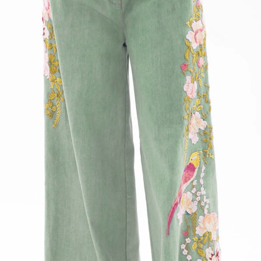 Aratta Green Floral Embroidered Flare Pants